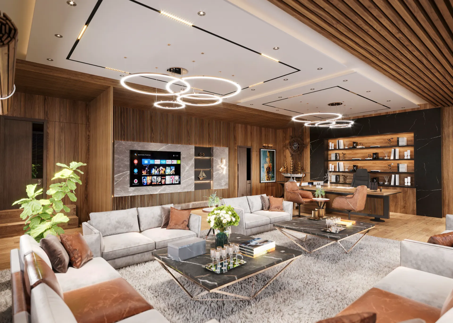 Wood-panelled lounge with a floating ceiling detail and ring pendants